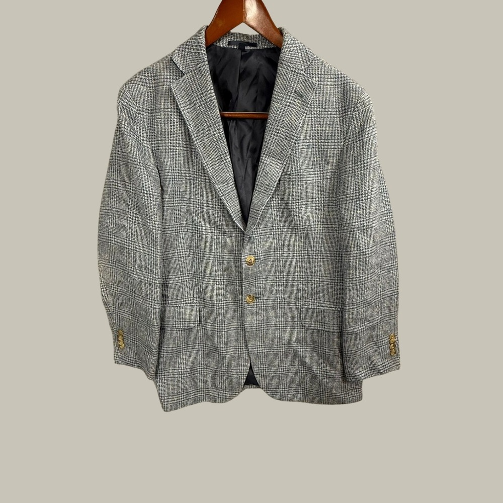 Jos A Bank 1905 Mens 42 Short Linen Wool Glen Plaid Blazer Sport Coat Blue Gray